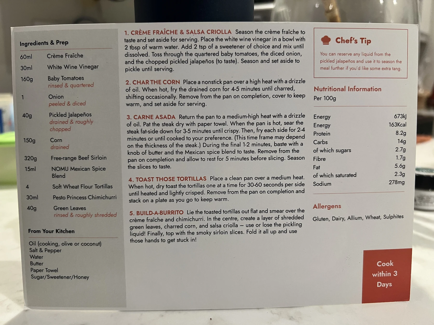 Back of the Argentinian Asado-Style Burritos card