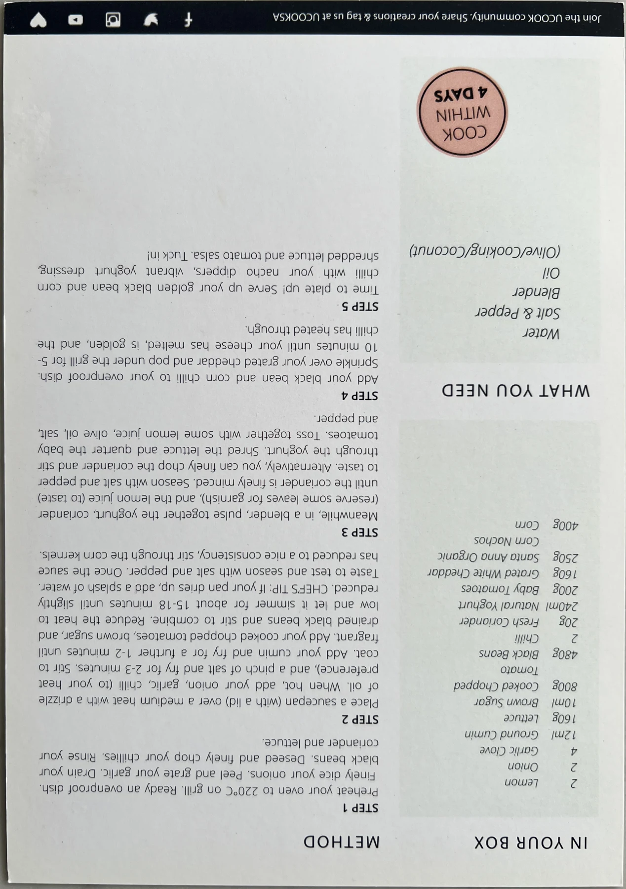 Back of the Black Bean & Corn Chilli card