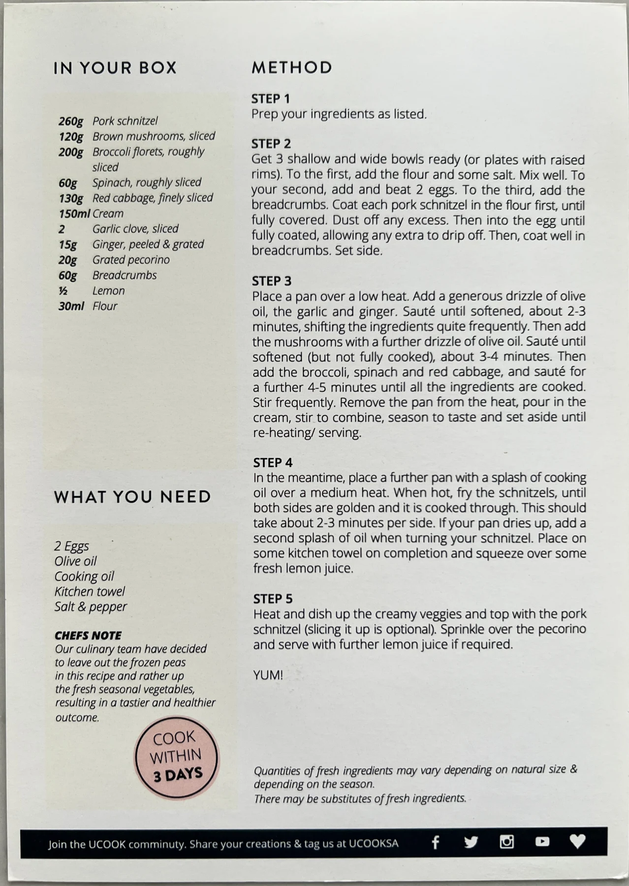 Back of the Classic Pork Schnitzel card