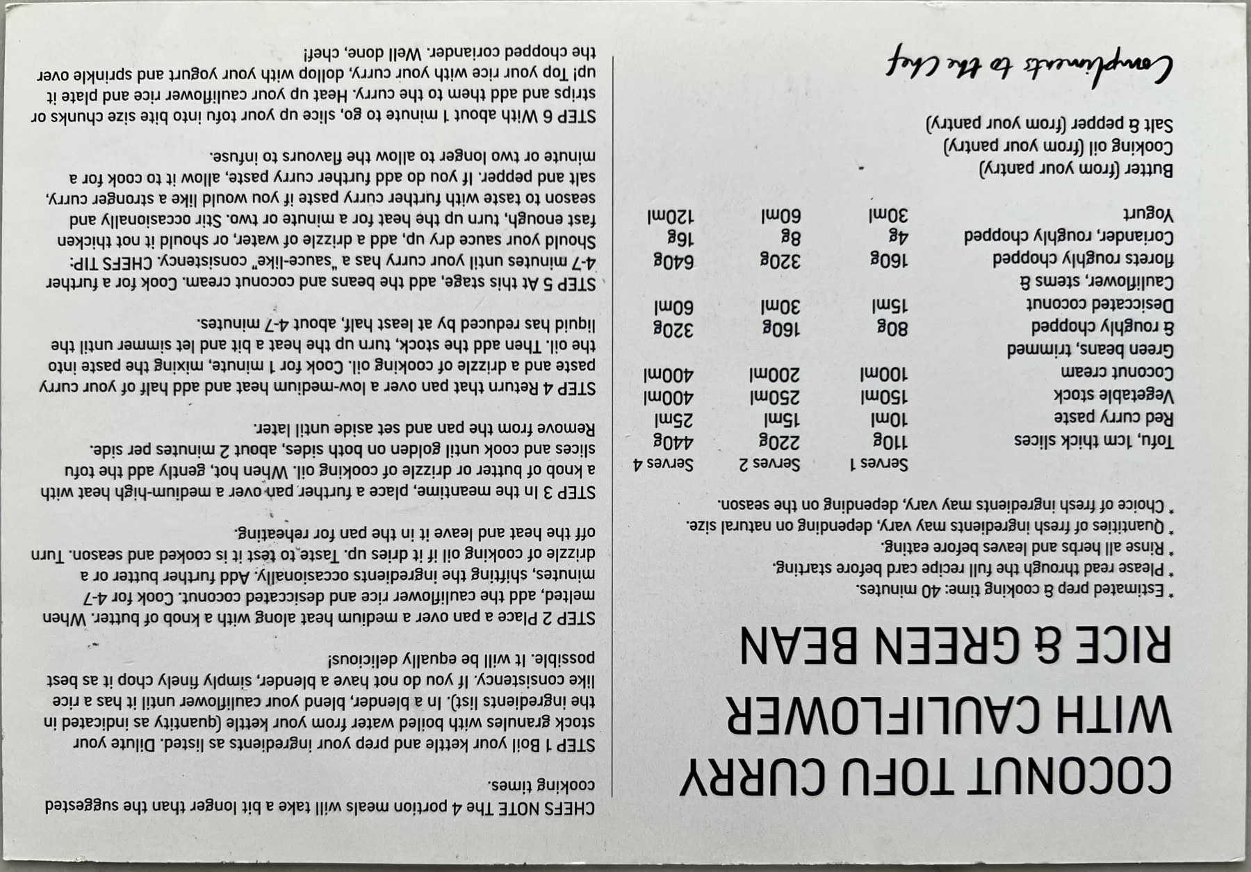 Back of the Coconut Tofu Curry card