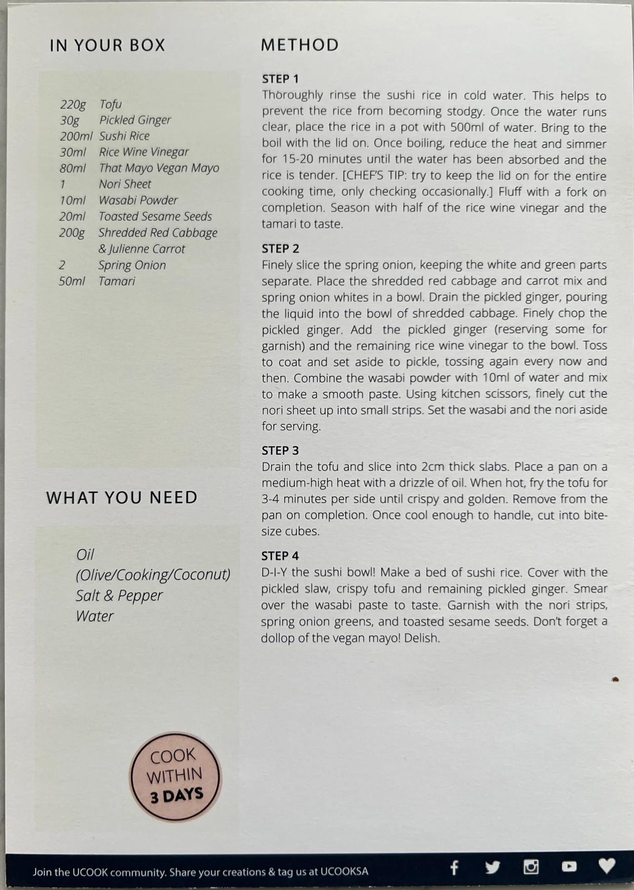 Back of the Crispy Tofu Sushi Bowl card