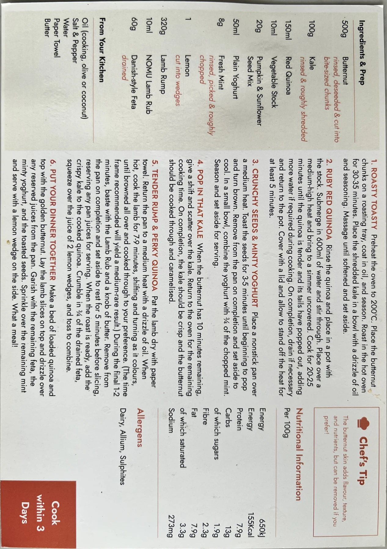 Back of the Delheim's Succulent Lamb Rump card