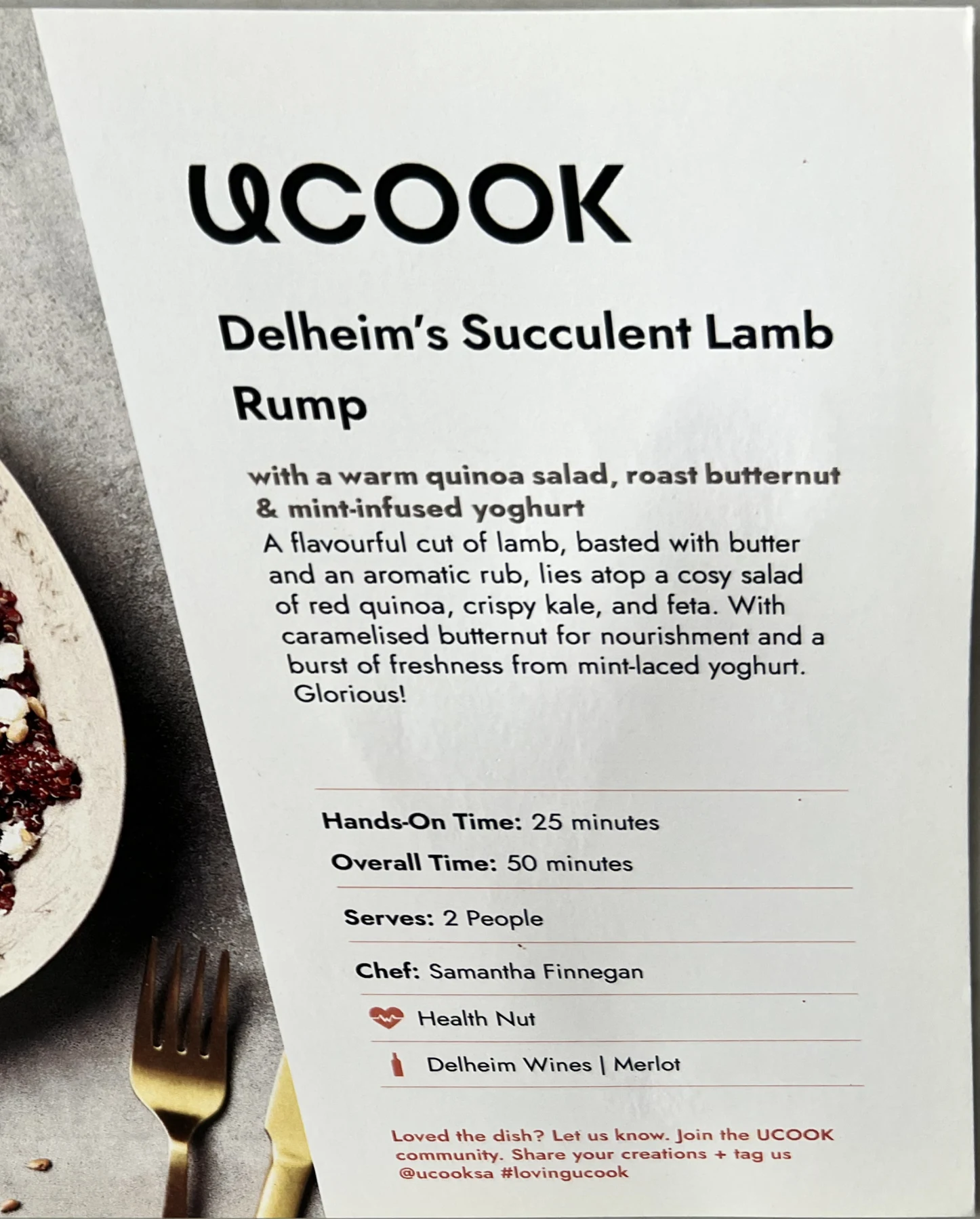 Front of the Delheim's Succulent Lamb Rump card