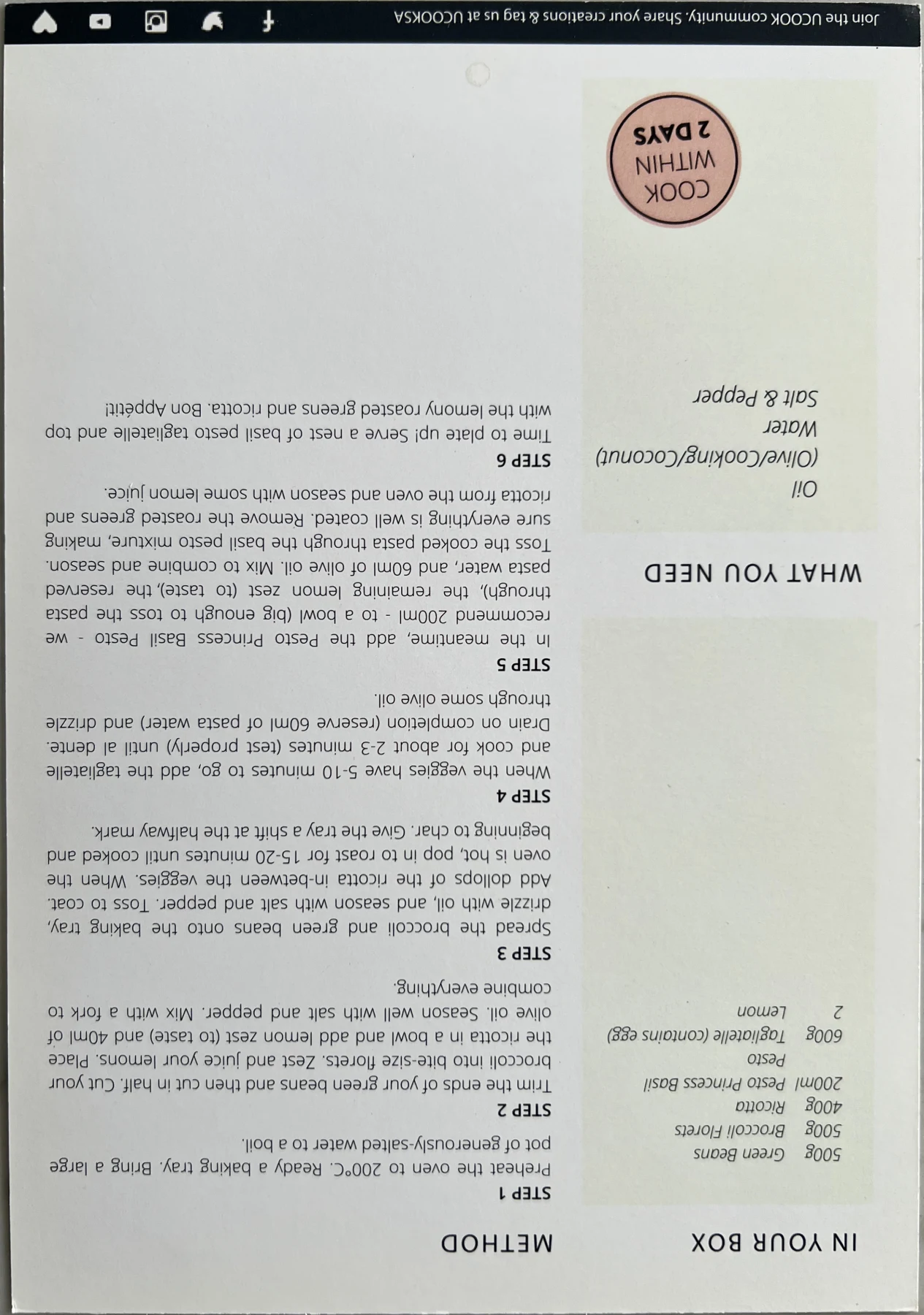 Back of the Green Goddess Pasta card