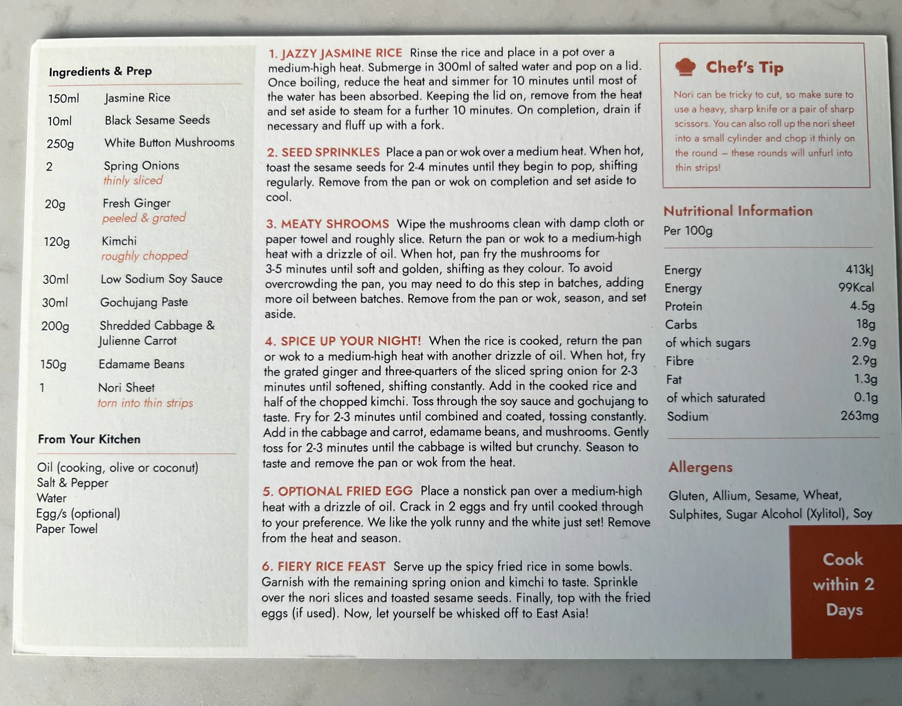 Back of the Packs-A-Punch Kimchi Fried Rice card