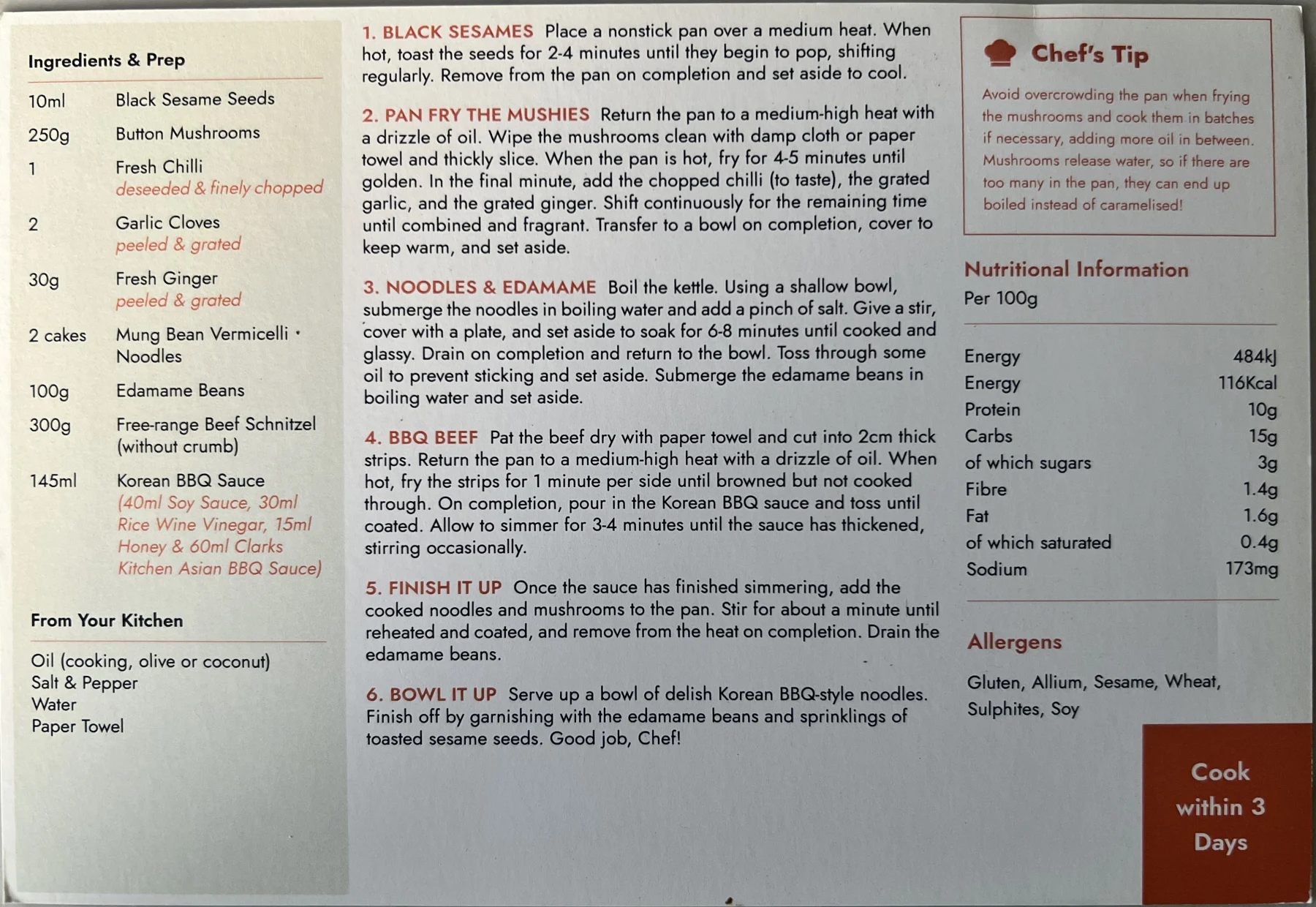 Back of the Korean BBQ Beef card