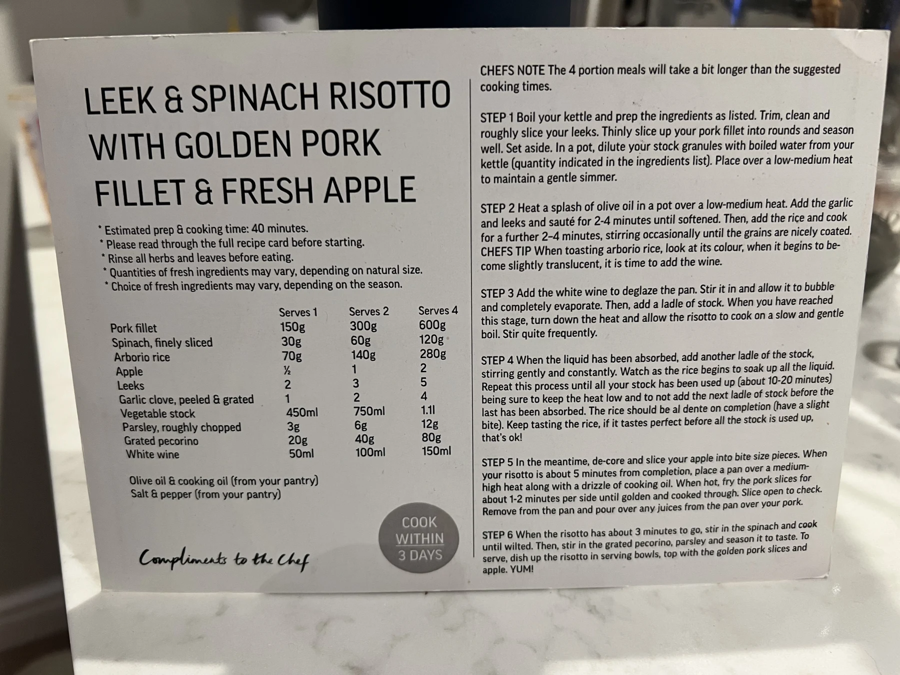 Back of the Leek & Spinach Risotto card