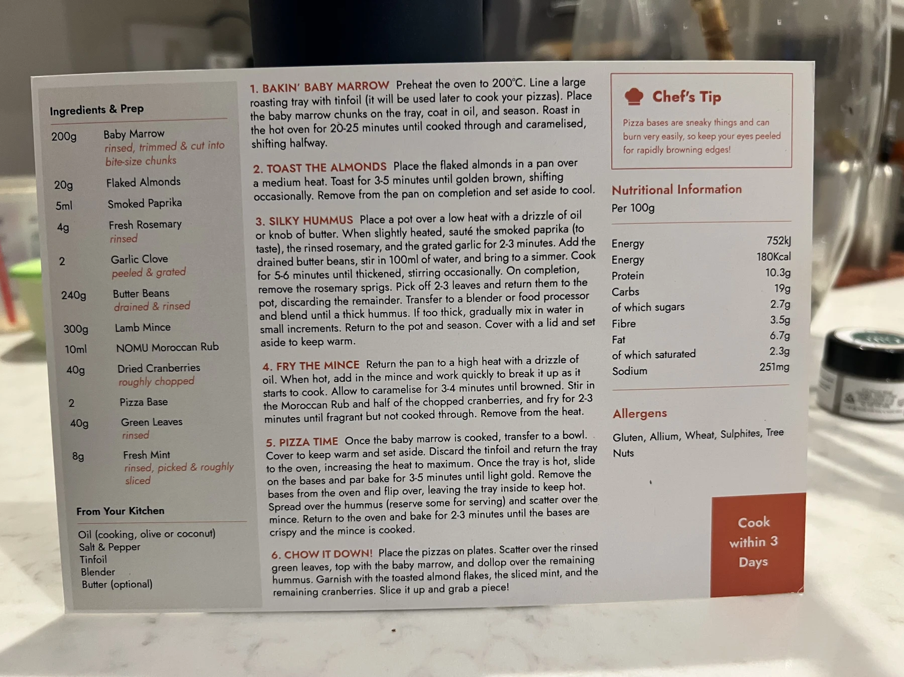 Back of the Middle Eastern Lamb Flatbread card