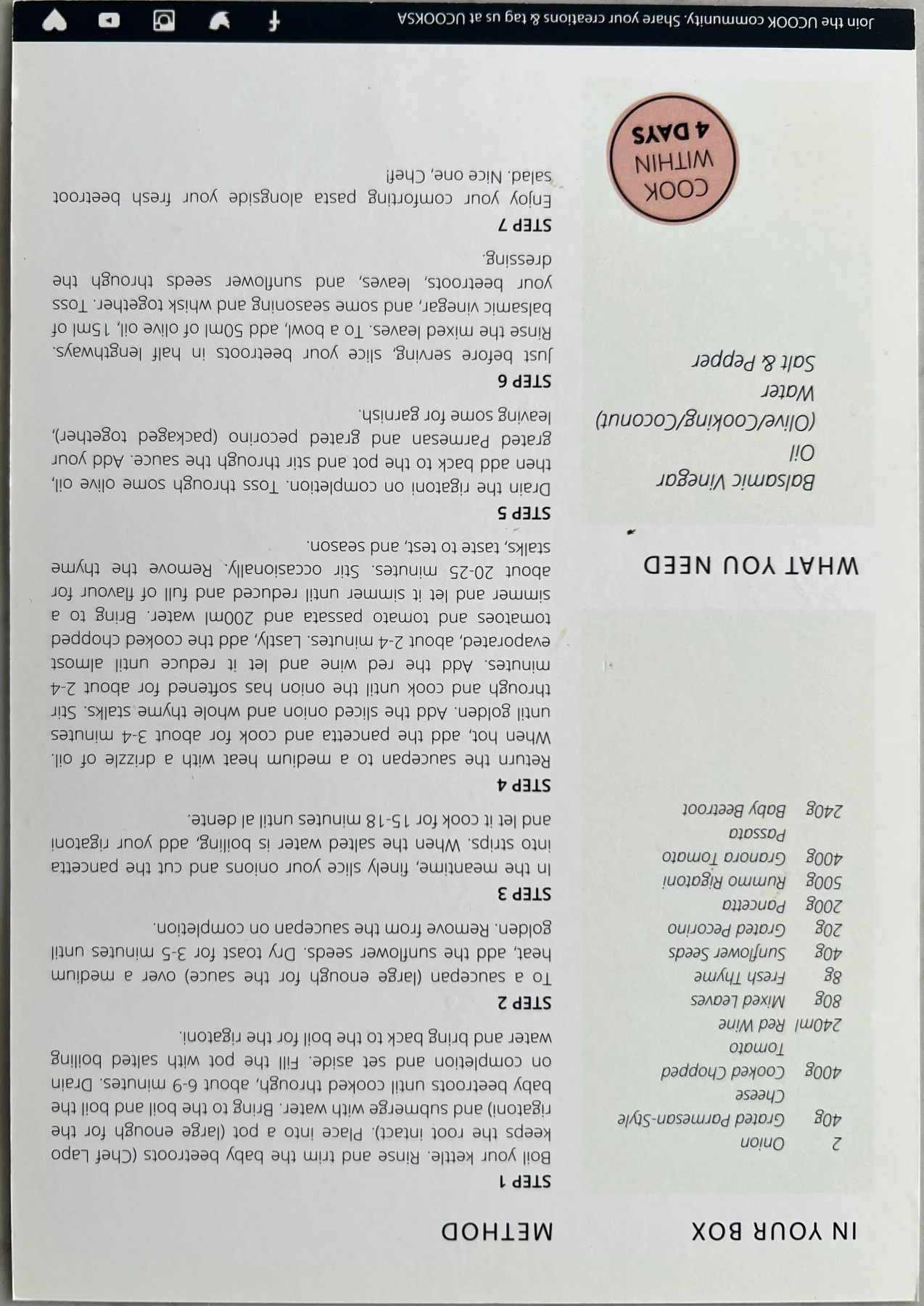 Back of the Rigatoni Amatriciana card