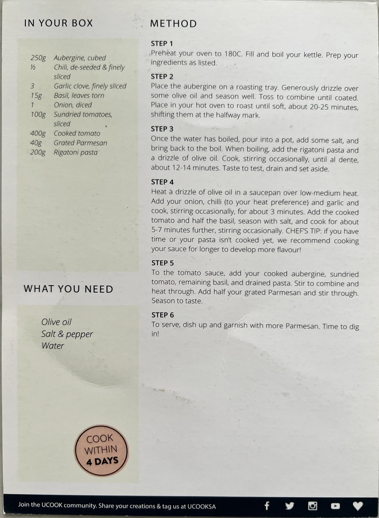 Back of the Rigatoni Arrabbiata card