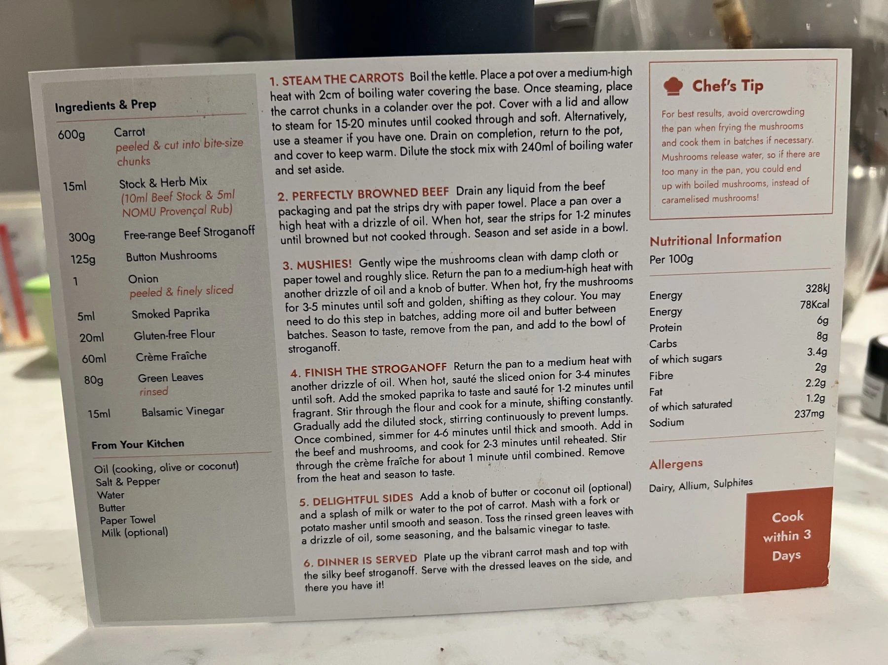 Back of the Warwick's Silky Beef Stroganoff card