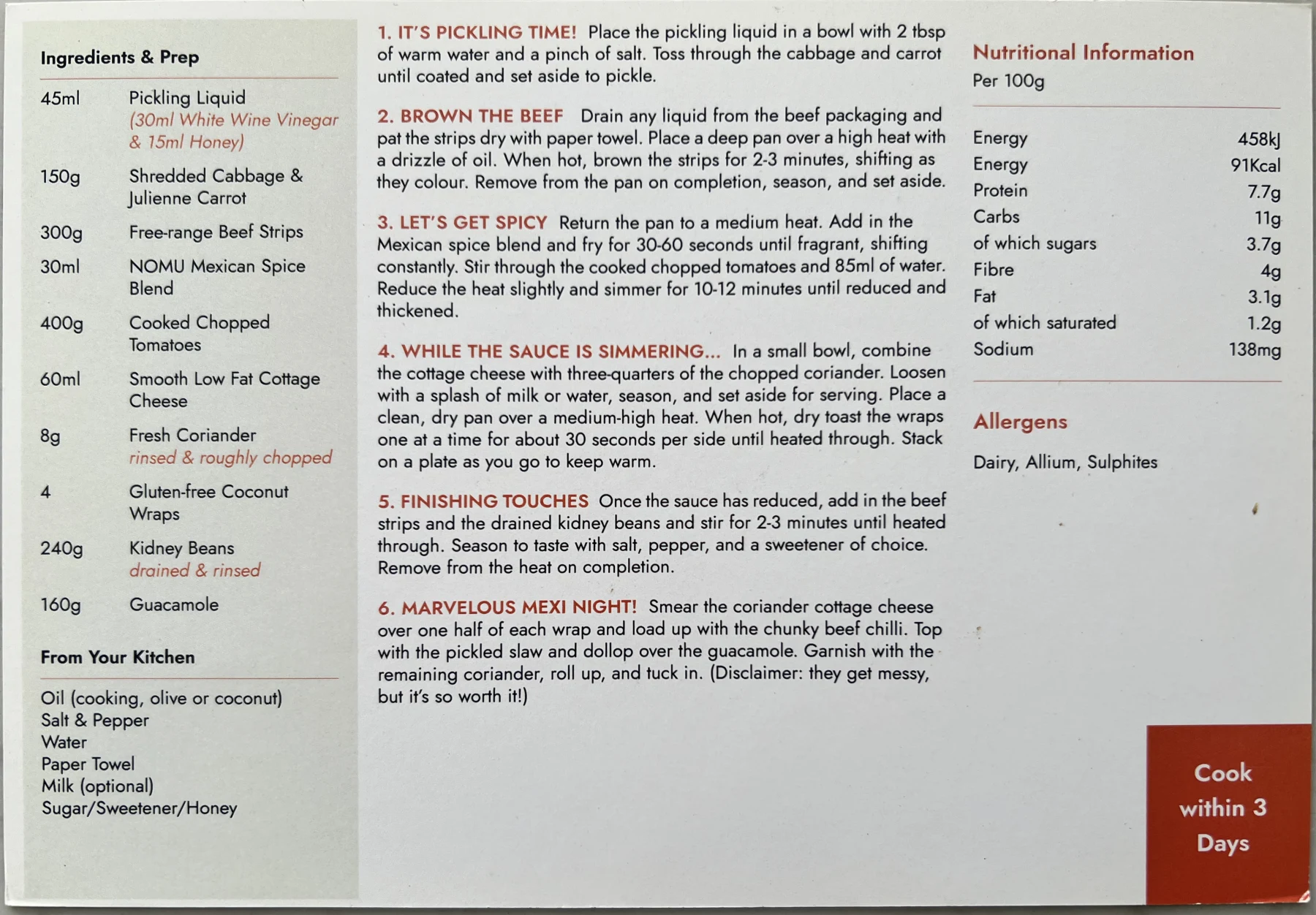 Back of the Snazzy Beef Burritos card