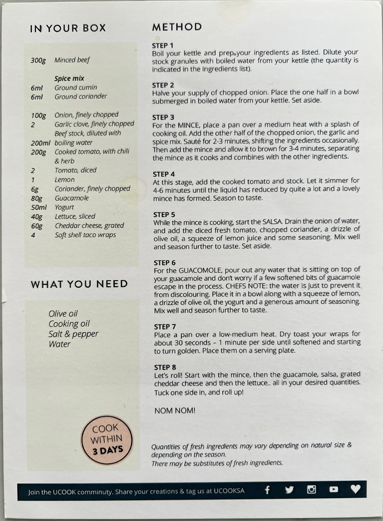 Back of the Soft Shell Mexican Tacos card