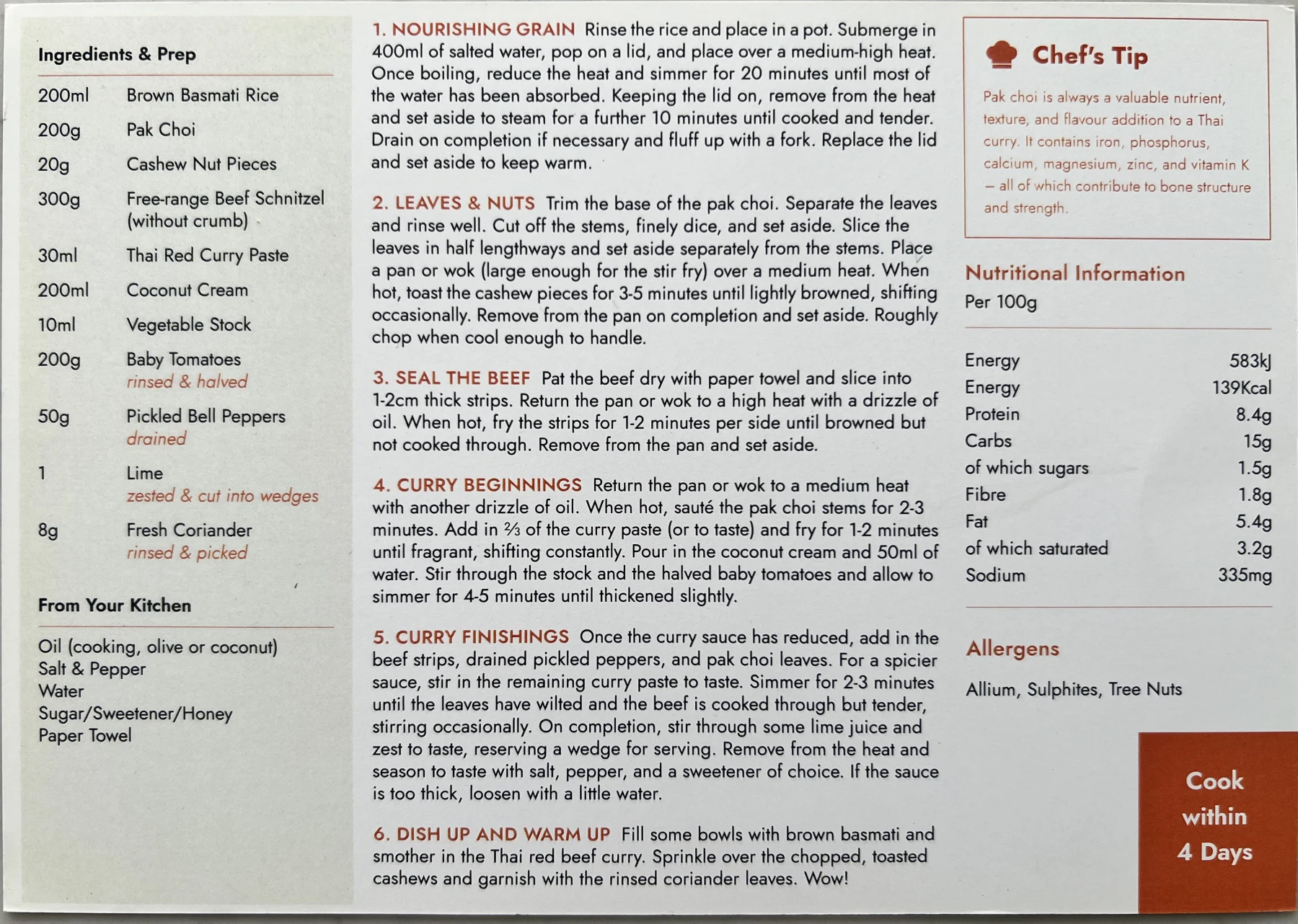 Back of the Steamy Thai Red Beef card