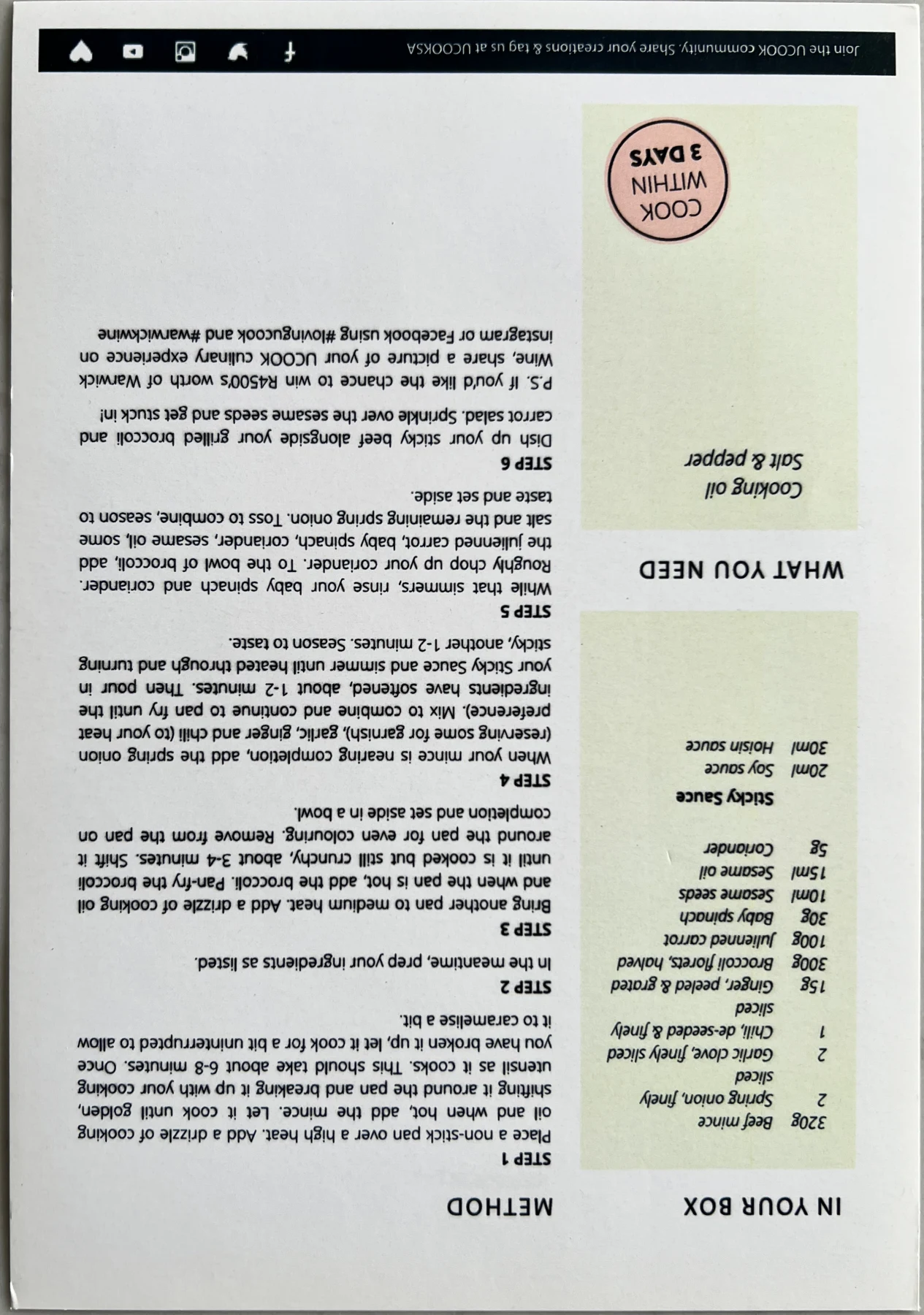 Back of the Sticky Asian Beef card