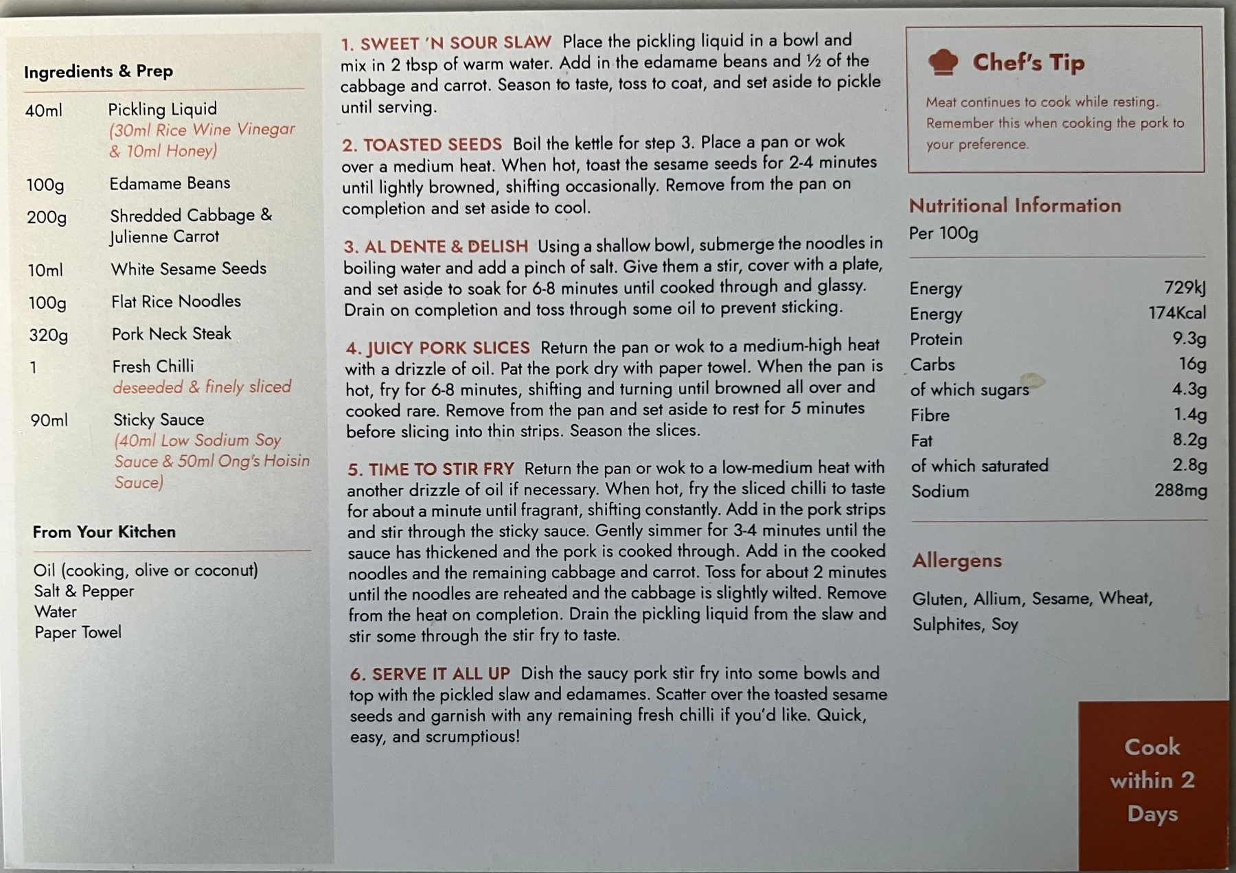 Back of the Warwick's Sticky Hoisin Pork card