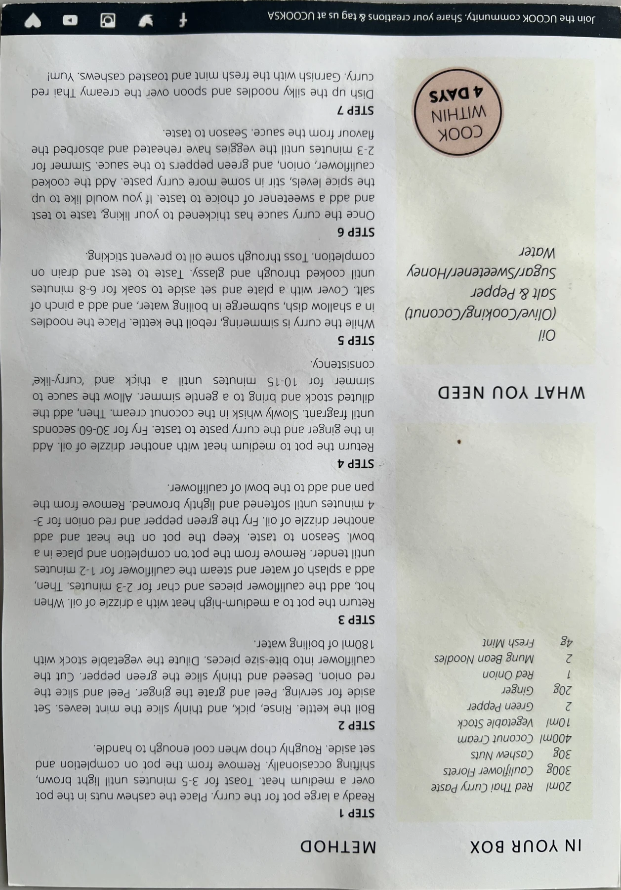 Back of the Thai Red Cauli Curry card