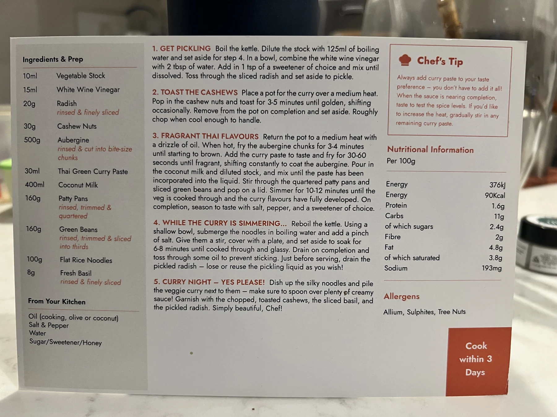 Back of the Vibrant Thai Green Curry card