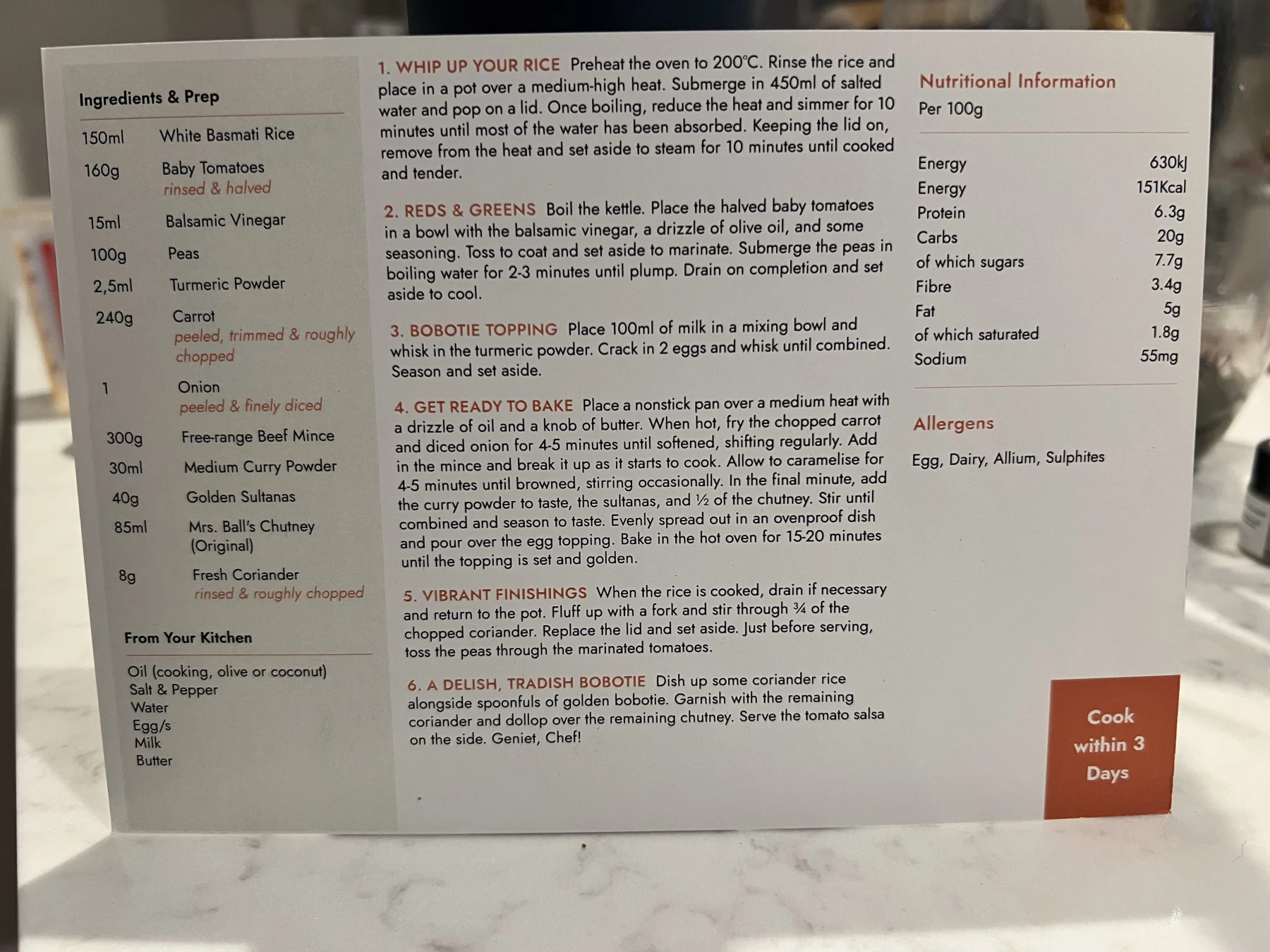 Back of the Zippy Beef Bobotie card